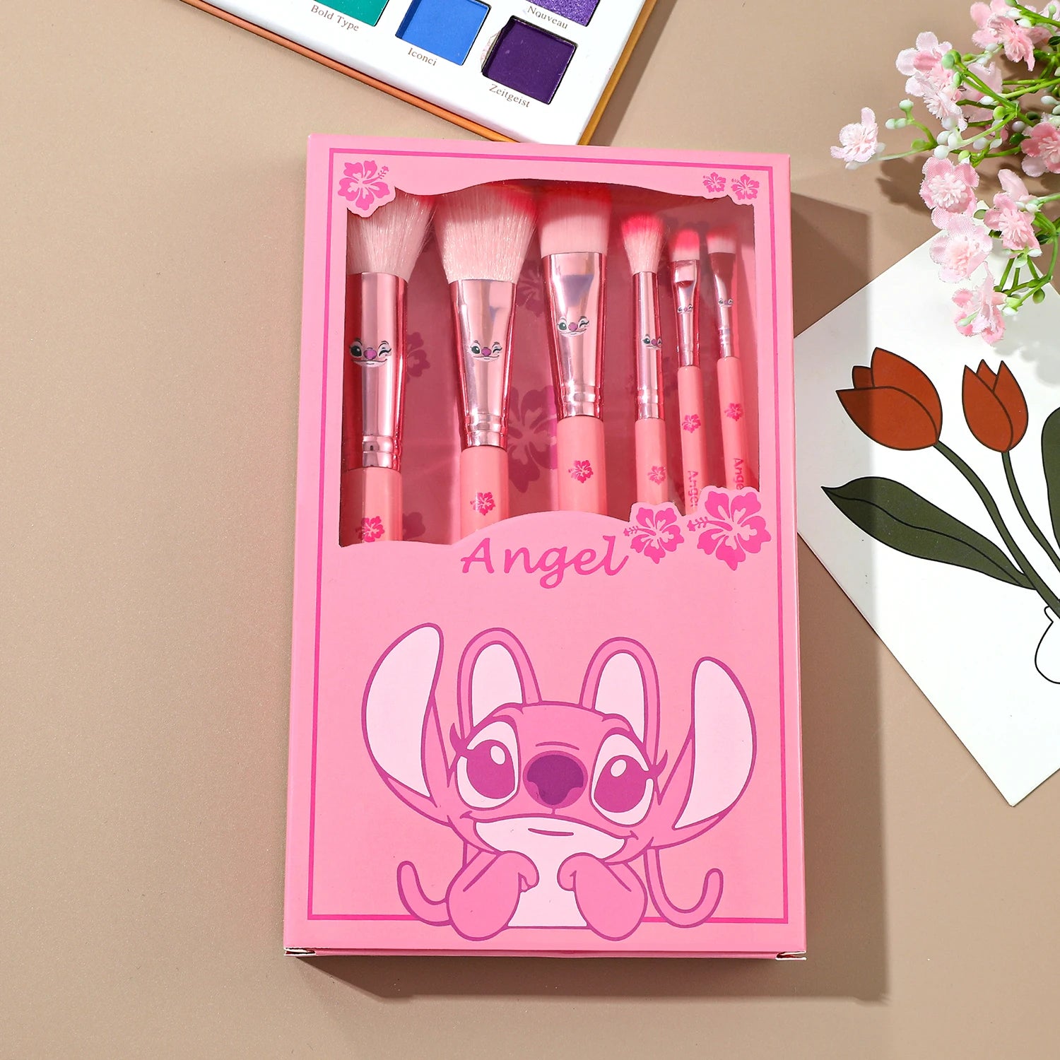6pcs pink cartoon cute Stitch makeup brush set, wooden makeup brush eye shadow brush, gift box packaging, the perfect choice for