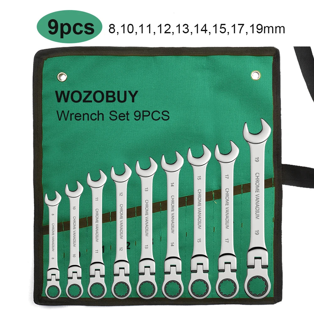 Ratchet Spanner Wrench Set 8-22mm Gear Ring Ratcheting Combination Wrench Kit Metric Flexible Head with Canvas Bag